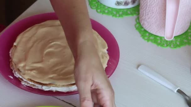 De vrouw stapelt de taarten met room op elkaar. In de buurt ingrediënten voor het maken van de taart. — Stockvideo