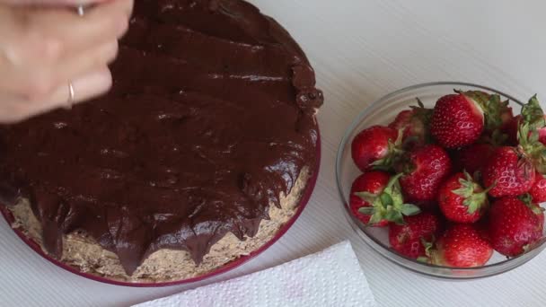 Eine Frau trägt Schokoladenganache auf einen Biskuitkuchen auf. Schokoladenkuchen mit Erdnüssen und Erdbeeren kochen. Nahaufnahme.. — Stockvideo