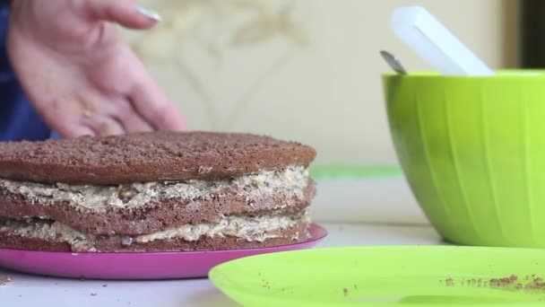 Una mujer endereza pasteles de galletas, entre los cuales hay una crema. Cocinar pastel de chocolate con cacahuetes y fresas. — Vídeos de Stock