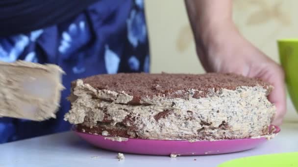 Una mujer está cubriendo pasteles de galletas con crema. Cocinar pastel de chocolate con cacahuetes y fresas — Vídeos de Stock