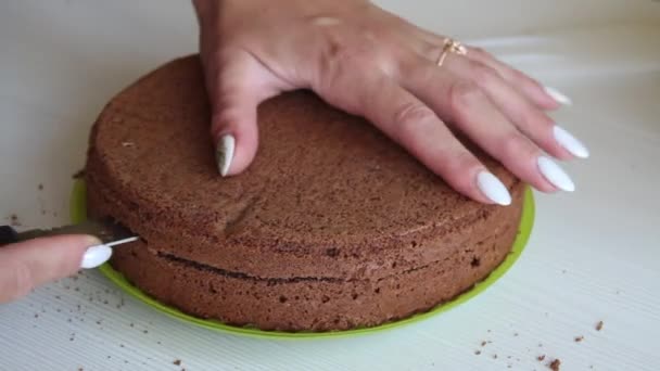 La mujer corta el bizcocho. Para pastel de chocolate con cacahuetes y fresas. Primer plano de disparo. — Vídeos de Stock