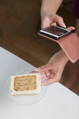 Bir kadın ev yapımı dondurma fotoğrafı çekiyor. Kurabiye ve krema. Yakın çekim..