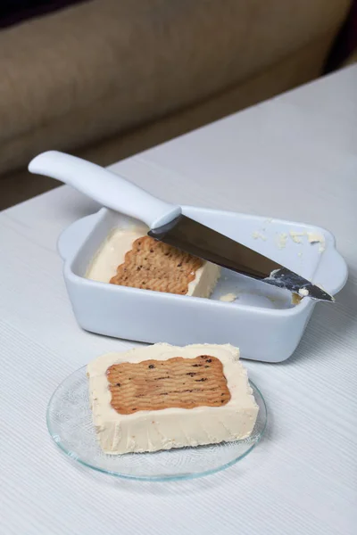 Homemade Ice Cream Cookies Cream Cut Put Saucer Close Shot — Stock Photo, Image