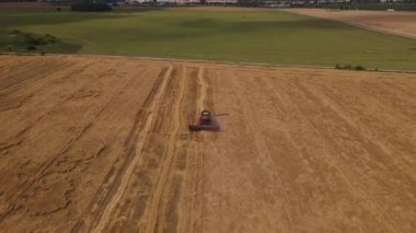 Tarlada çalışan hasat makinesini birleştirin. Tahıl hasadı. Şehir ufukta görünüyor. Hava fotoğrafçılığı.