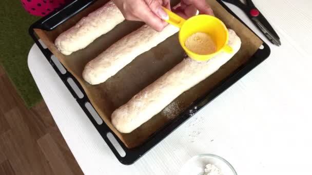 Uma mulher prepara pão de centeio. Coloque as peças em uma assadeira. Polvilhe a farinha por cima. Filmado de cima. — Vídeo de Stock