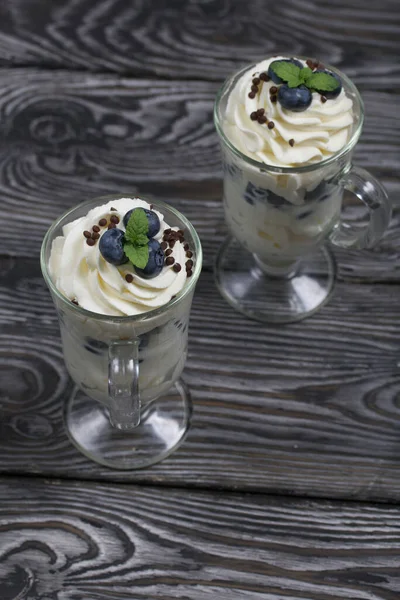 Dessert Cream Blueberries Decorated Mint Glass Goblets Black Pine Boards — Stock Photo, Image
