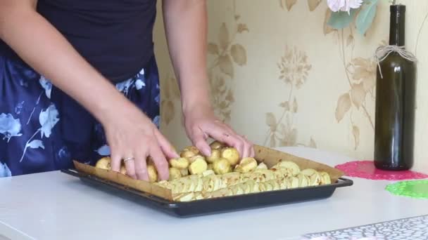 Die Frau schneidet Kartoffeln und Zucchini. Stellen auf einem Backblech. Gemüse backen. — Stockvideo