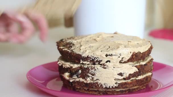 Eine Frau verteilt Sahne auf den übereinander gestapelten Kuchenschichten. Möhrenkuchen kochen. Nahaufnahme. — Stockvideo