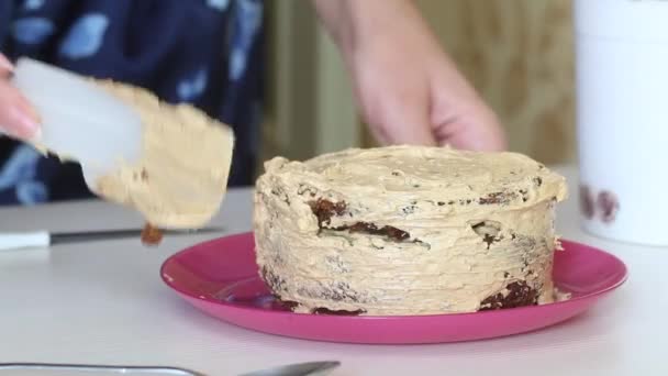 Una mujer esparce crema encima de las capas de pastel apiladas una encima de la otra. Cocinar pastel de zanahoria. Primer plano de disparo — Vídeo de stock