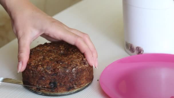 キャロットケーキを作る。女性は焼き菓子のベースをケーキにカットします。クローズアップショット. — ストック動画