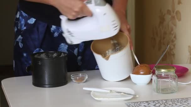 Cooking carrot cake. The woman prepares the cream for the cake. Close-up shot — Video Stock