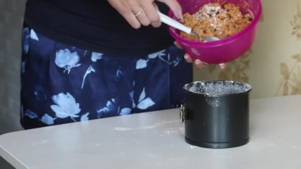 Cooking carrot cake. The woman puts the dough into the mold. Close-up shot. — Αρχείο Βίντεο