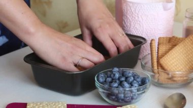 A woman places cookies in a container and adds whipped cream. Makes ice cream from cream, biscuits and crispbread. Other ingredients are spread out on the table nearby. Close-up shot.