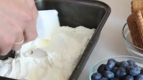 Una mujer añade crema batida a un recipiente encima de una galleta. Hace helado de crema, galletas y pan crujiente. Otros ingredientes se extienden sobre la mesa cercana. Primer plano de disparo — Vídeo de stock