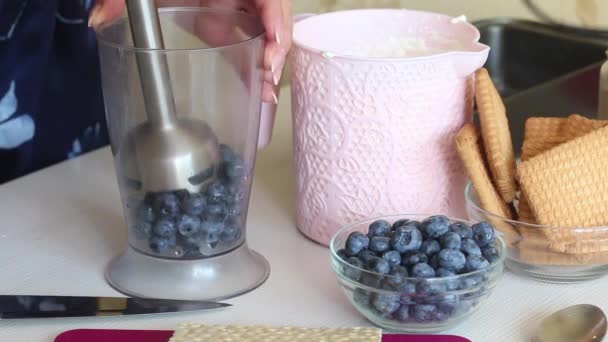 Seorang wanita memotong blueberry dengan blender. Membuat es krim dari krim, biskuit dan roti renyah. Bahan-bahan lain tersebar di atas meja di dekatnya. — Stok Video