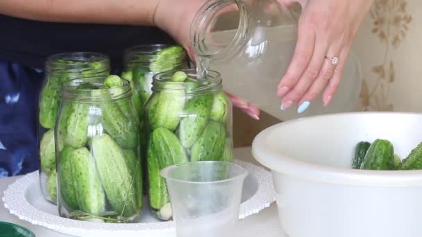 Oogstbewaring. Een vrouw giet marinade over komkommers in bekerpotten. Close-up opname — Stockvideo