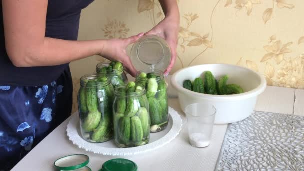 A woman pours marinade over cucumbers in pickling jars. Harvest conservation. — Stock Video