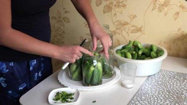 Een vrouw doet komkommers in potten. Er zijn komkommers in de buurt in een bekken. Instandhouding van oogsten. — Stockvideo