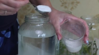 Kadın suya tuz döker ve karıştırır. Salatalık turşusu için salamura hazırlıyor. Yakındaki bir havuzda salatalıklar var. Yemek pişirmek için baharat dolu kaplar..