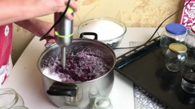 Bir kadın yaban mersini ve şekeri püre yapmak için blender kullanır. Evde yabanmersini reçeli yapıyorum. Yabanmersinlerinin korunması ve hazırlanması