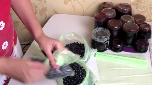 一个女人正在把冷藏箱的蓝莓袋子绑在结上。附近的罐子里有新鲜的蓝莓果酱。蓝莓的保存和制作. — 图库视频影像