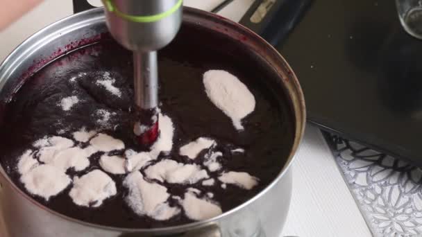 A woman adds agar agar to blueberry and sugar puree. Mixes them with a blender. Making blueberry jam at home. Preservation and preparation of blueberries. Close-up shot. — Stock Video