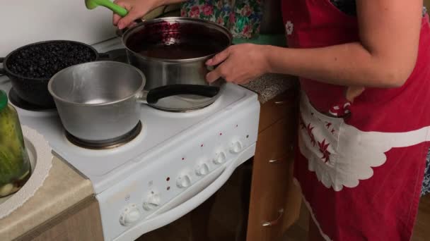Una mujer vierte puré de arándanos en una cacerola. Haciendo mermelada de arándanos en casa. Conservación y preparación de arándanos. — Vídeos de Stock