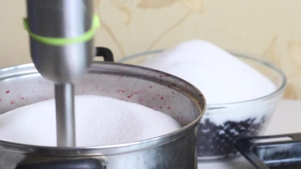 Eine Frau püriert mit einem Mixer Blaubeeren und Zucker. Heidelbeermarmelade zu Hause zubereiten. Konservierung und Zubereitung von Blaubeeren. Nahaufnahme. — Stockvideo