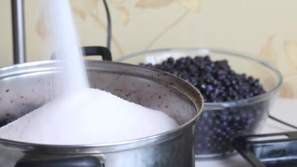 Eine Frau gießt Zucker in ein Gefäß mit Blaubeeren. Heidelbeermarmelade zu Hause zubereiten. Konservierung und Zubereitung von Blaubeeren. Nahaufnahme — Stockvideo