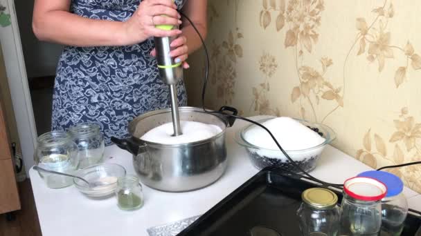 Eine Frau taucht einen Mixer in eine Schüssel mit Blaubeeren und Zucker. Heidelbeermarmelade zu Hause zubereiten. Konservierung und Zubereitung von Blaubeeren. — Stockvideo