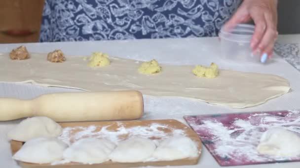 Žena rozloží bramborovou kaši a mleté maso na rolované těsto. Připravuje knedlíky. Detailní záběr. — Stock video