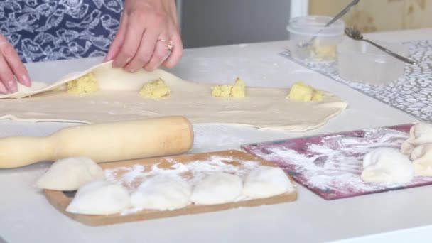 Žena balí bramborovou kaši a mleté maso do rolovaného těsta. Připravuje knedlíky. Detailní záběr. — Stock video