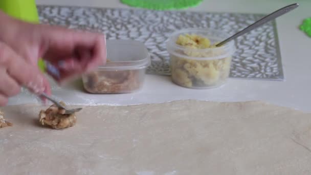 Kvinnan lägger det malda köttet på den rullade degen. Matlagning dumplings med potatis och malet kött. Närbild. — Stockvideo