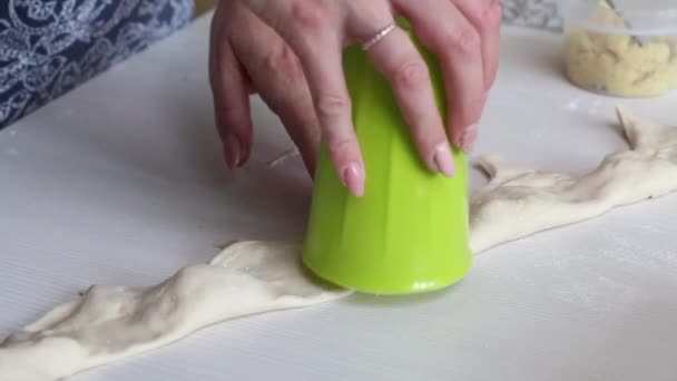 Una mujer forma albóndigas con una taza de plástico. Cocinar albóndigas con patatas y carne picada. Primer plano de disparo — Vídeo de stock