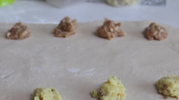 Malet kött och potatismos på valsad deg. Koka dumplings med potatis och malet kött. — Stockvideo