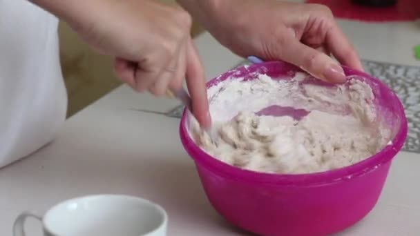 女性が餃子の生地をこねる。テーブルの上に置きます。ジャガイモとミンチ肉と餃子を調理.クローズアップショット. — ストック動画