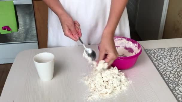 여자가 반죽을 반죽하여 만두를 만들었다. 감자와 으깬 고기와 함께 만두를 요리하는 모습. — 비디오