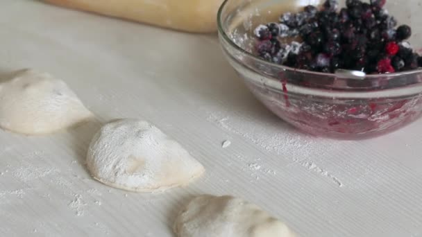 Dumplings with blueberries. Nearby is a container with berries. Close-up shot — Stock Video