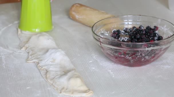 A woman forms dumplings with blueberries using a glass. Cooking blueberry dumplings. Close-up shot. — Stock Video