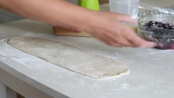 Una donna prepara gnocchi con mirtilli. La pasta arrotolata è sul tavolo. Mirtilli nelle vicinanze in un contenitore. — Video Stock