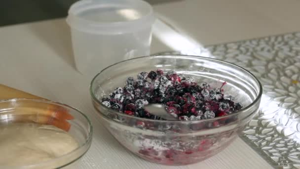 蓝莓与淀粉。在有面团的容器旁边煮饺子. — 图库视频影像