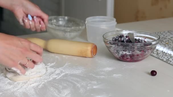 La femme pétrit la pâte. À côté des bleuets avec de l'amidon. Boulettes de cuisson. — Video