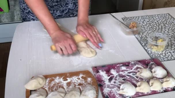 A woman rolls out the dough with a wooden rolling pin. Prepares dumplings with mashed potatoes and minced meat. Dumplings and tools are laid out on the table. — Stock Video