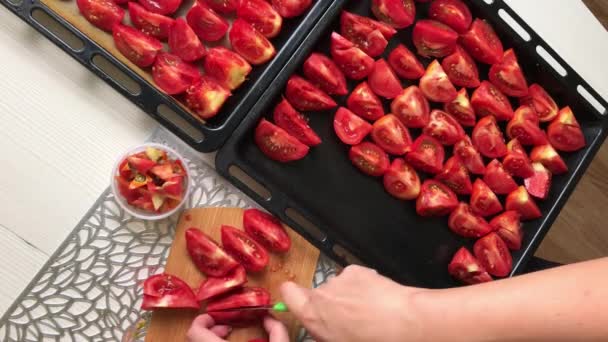 여자들은 위에서 토마토를 열을지어 놓는다 올리브 기름으로 햇볕에 토마토를 요리한다 — 비디오
