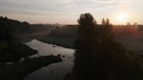 City Park River Flows Shot Dawn Sunrise Aerial Photography — Stock Photo, Image