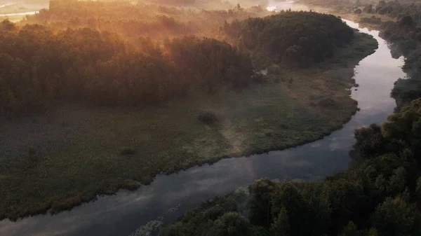 Στο Πάρκο Ποτάμι Ρέει Πυροβολήθηκε Την Αυγή Την Ανατολή Αεροφωτογραφία — Φωτογραφία Αρχείου