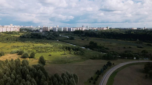 Desenvolvimento Urbano Parque Urbano Tiro Amanhecer Nascer Sol Fotografia Aérea — Fotografia de Stock