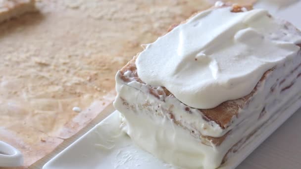 Une Femme Met Des Biscuits Dans Une Pile Répand Crème — Video