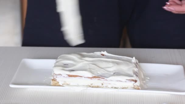 Une Femme Répand Crème Sur Des Morceaux Gâteau Cuit Four — Video