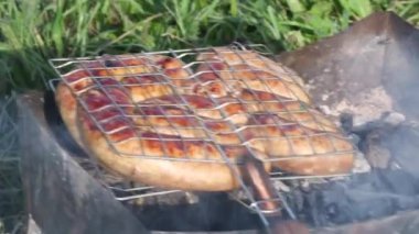 Kahverengi sosisli ızgara rafı. Közlerle ızgarada yatıyor. Çayırda, yeşil çimlerin arasında. Doğada piknik. Yakın çekim..